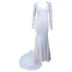 Vintage GALIA LAHAV Couture White Floral Lace Gown with Train and Sheer Details Size 2