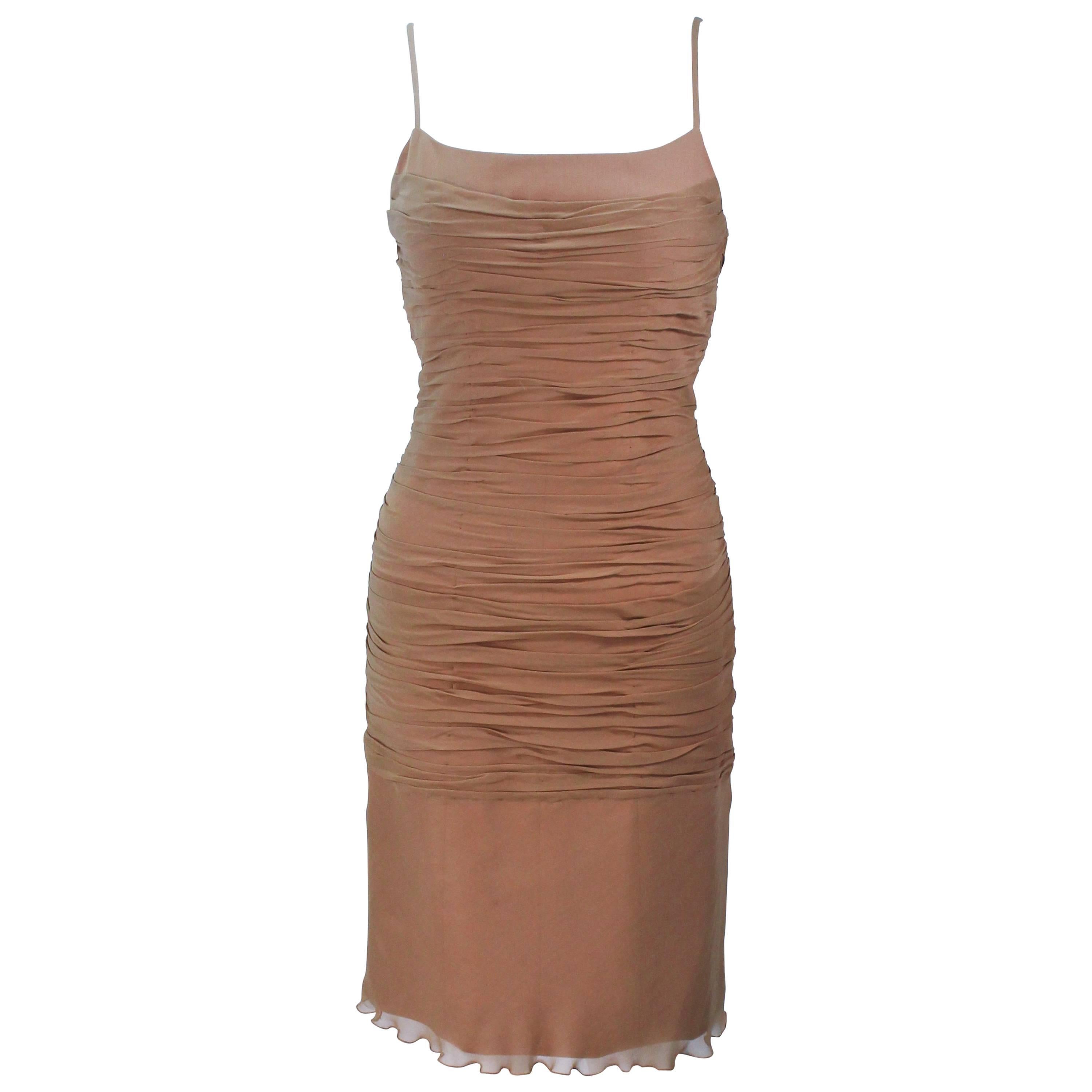 GALANOS Nude Silk Ruched Chiffon Cocktail Dress Size 6 For Sale