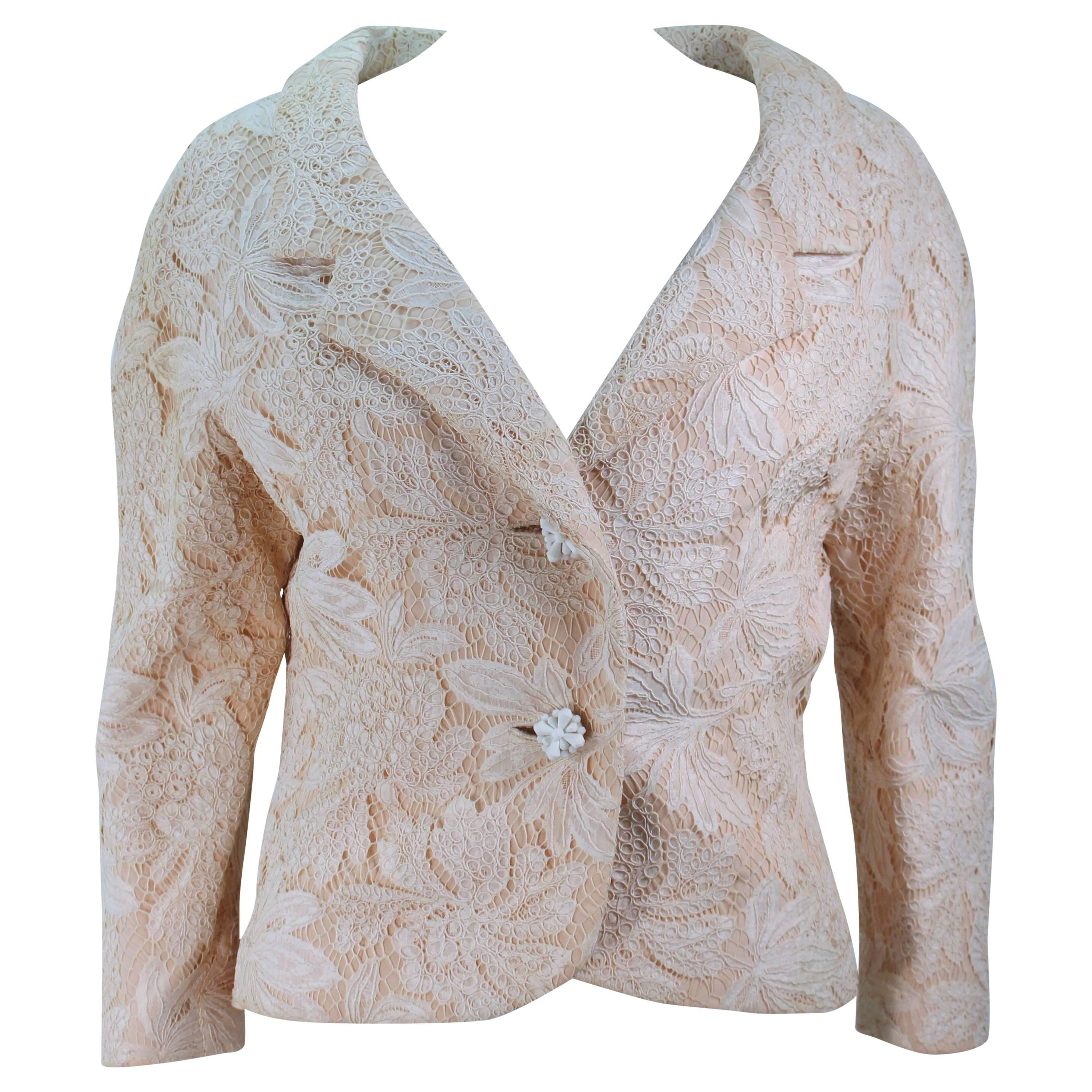 GALANOS Antique Cream Floral Lace Jacket Size 6-8 For Sale