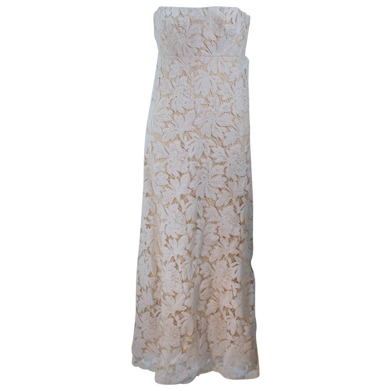 GALANOS Antique Cream Floral Strapless Lace Cocktail Dress Size 24 For