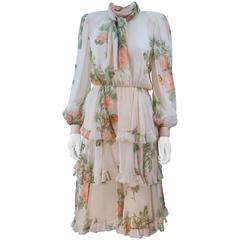 VALENTINO 1980's Floral Print Silk Chiffon Skirt Ensemble Size 2-4