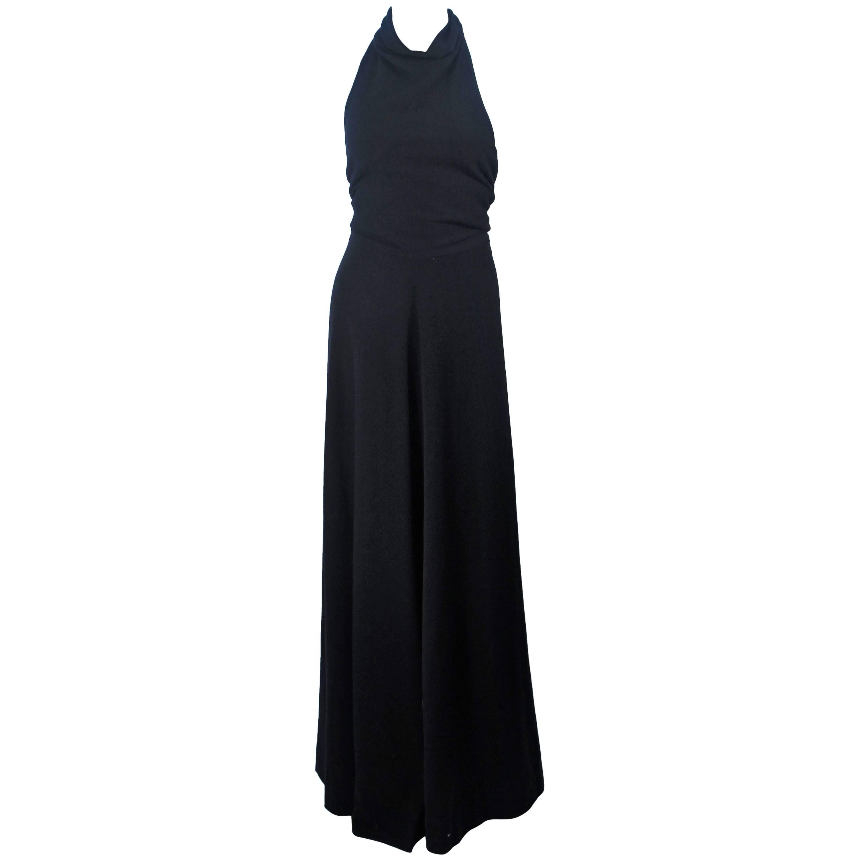 JEAN PATOU Black Wool Full Length Draped Neck Halter Dress Size 10