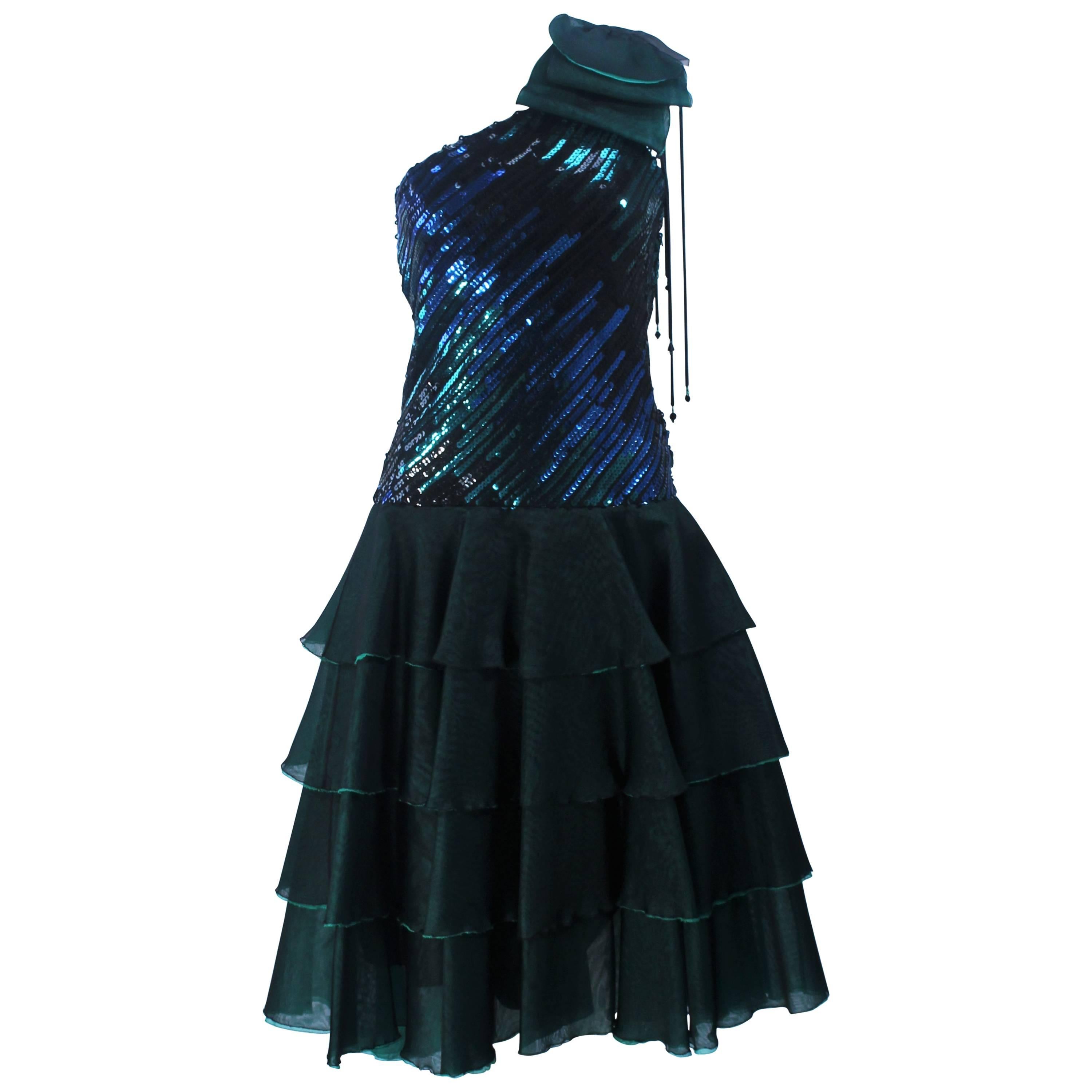 Iridescent Emerald Green Sequin Cocktail Dress Size 6-8 For Sale