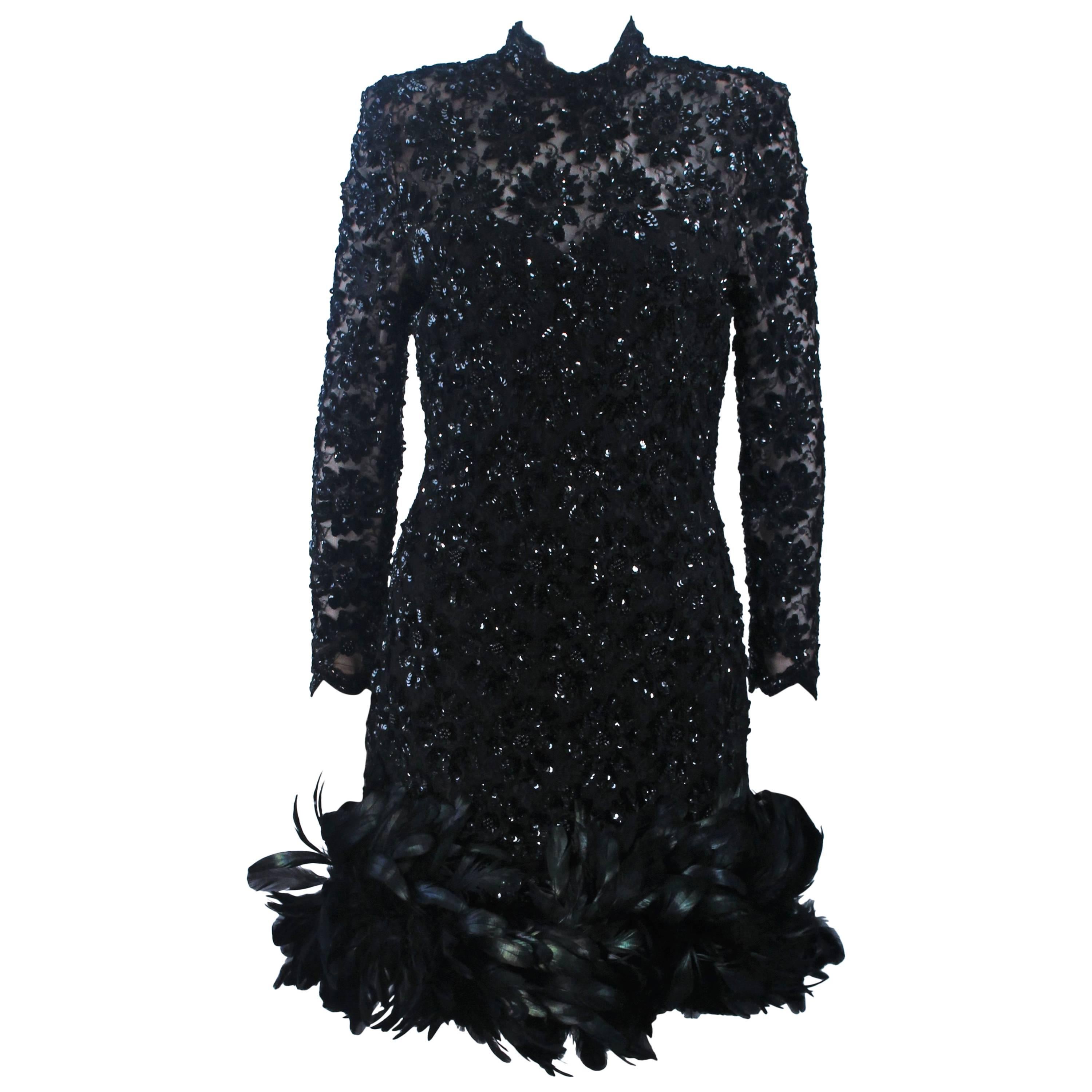 TRAVILLA Black Beaded Lace Cocktail Dress with Feather Trim Size 4-6