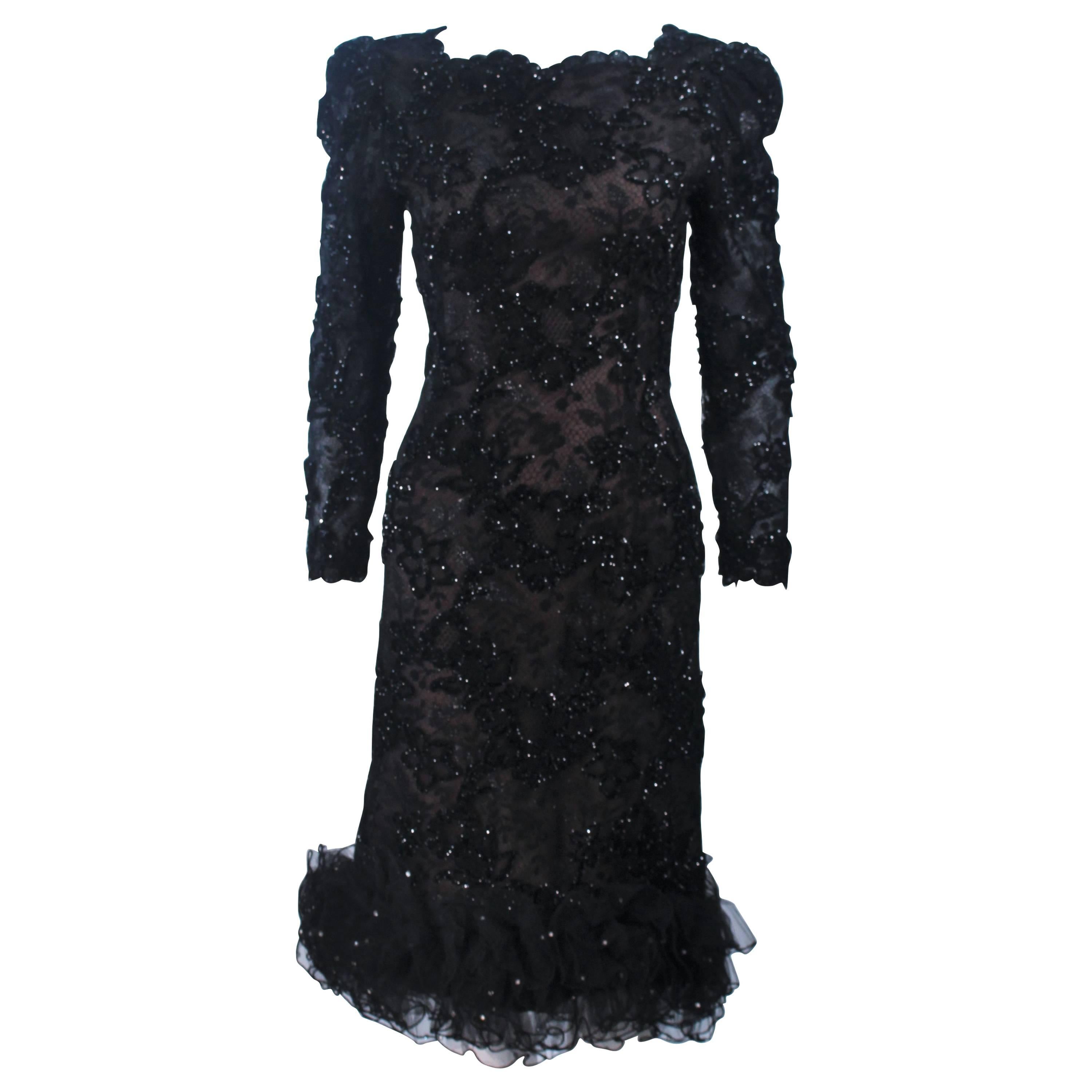 OSCAR DE LA RENTA Black Lace Cocktail Dress Ruffled Hem and Rhinestones Size 6-8 For Sale