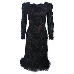 Retro OSCAR DE LA RENTA Black Lace Cocktail Dress Ruffled Hem and Rhinestones Size 6-8