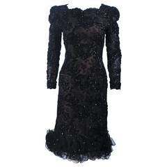 OSCAR DE LA RENTA Black Lace Cocktail Dress Ruffled Hem and Rhinestones Size 6-8 9