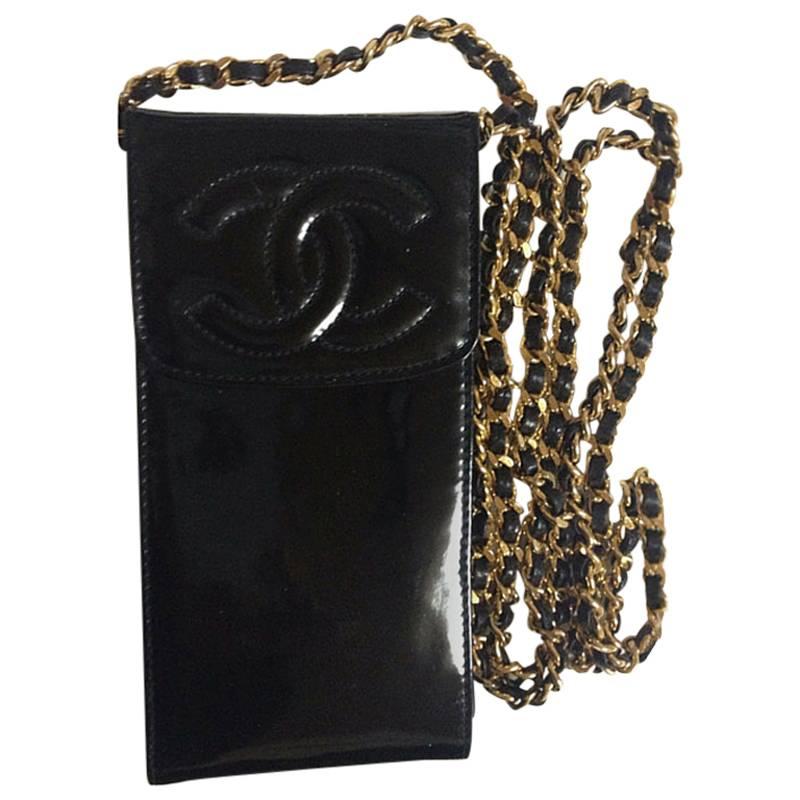 Vintage CHANEL black patent enamel leather mini pouch purse with golden chain