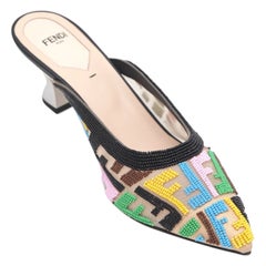 FENDI Mehrfarbige Pantoletten mit Perlen und Vertigo-Ledersandalen mit silbernem Absatz Gr. 38 NEU