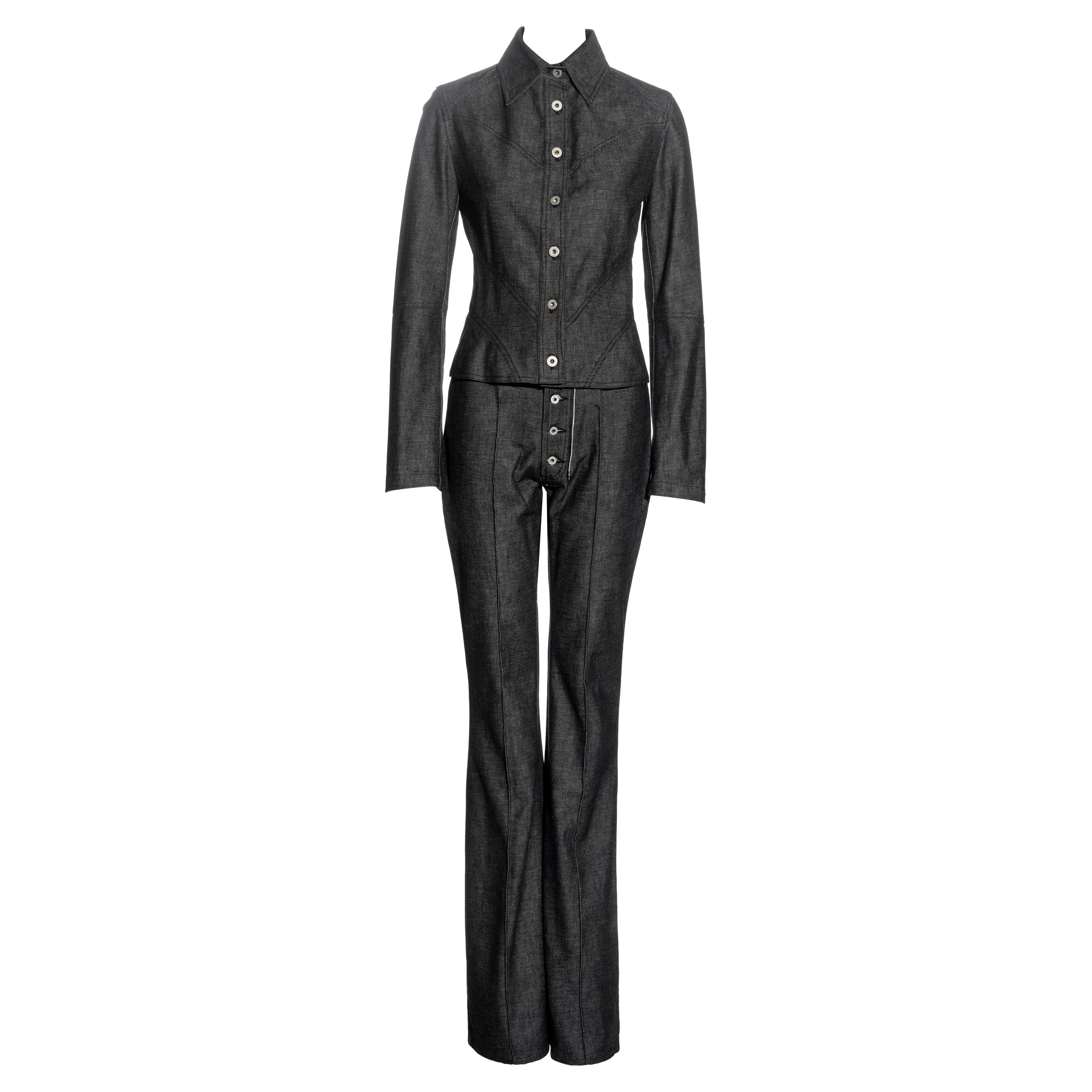 Alexander McQueen, chemise et pantalon évasé en denim gris, fw 2000 en vente