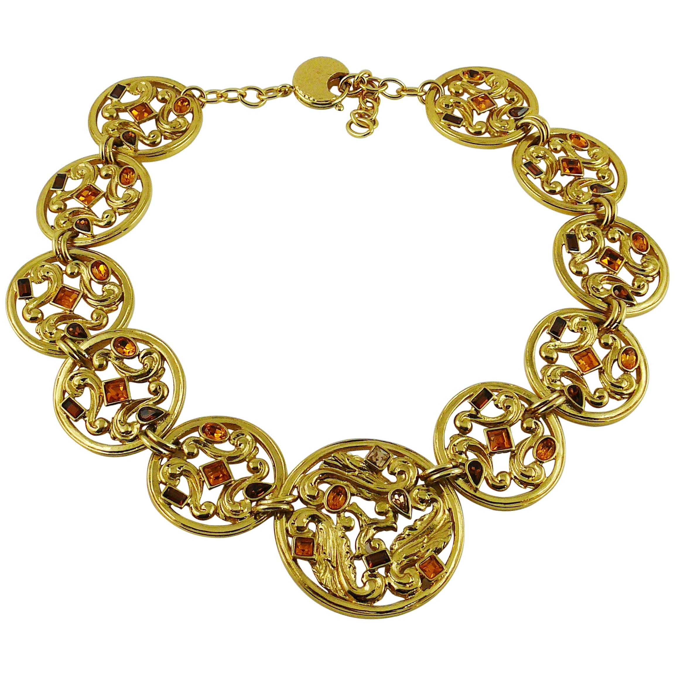 Yves Saint Laurent YSL Vintage Jewelled Openwork Scroll Medallion Necklace For Sale