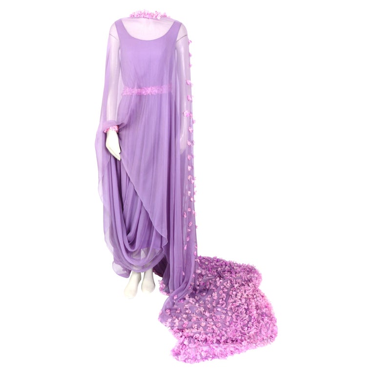 Valentino 1960s costume made silk lilac kaftan dress flower embellished train   For Sale