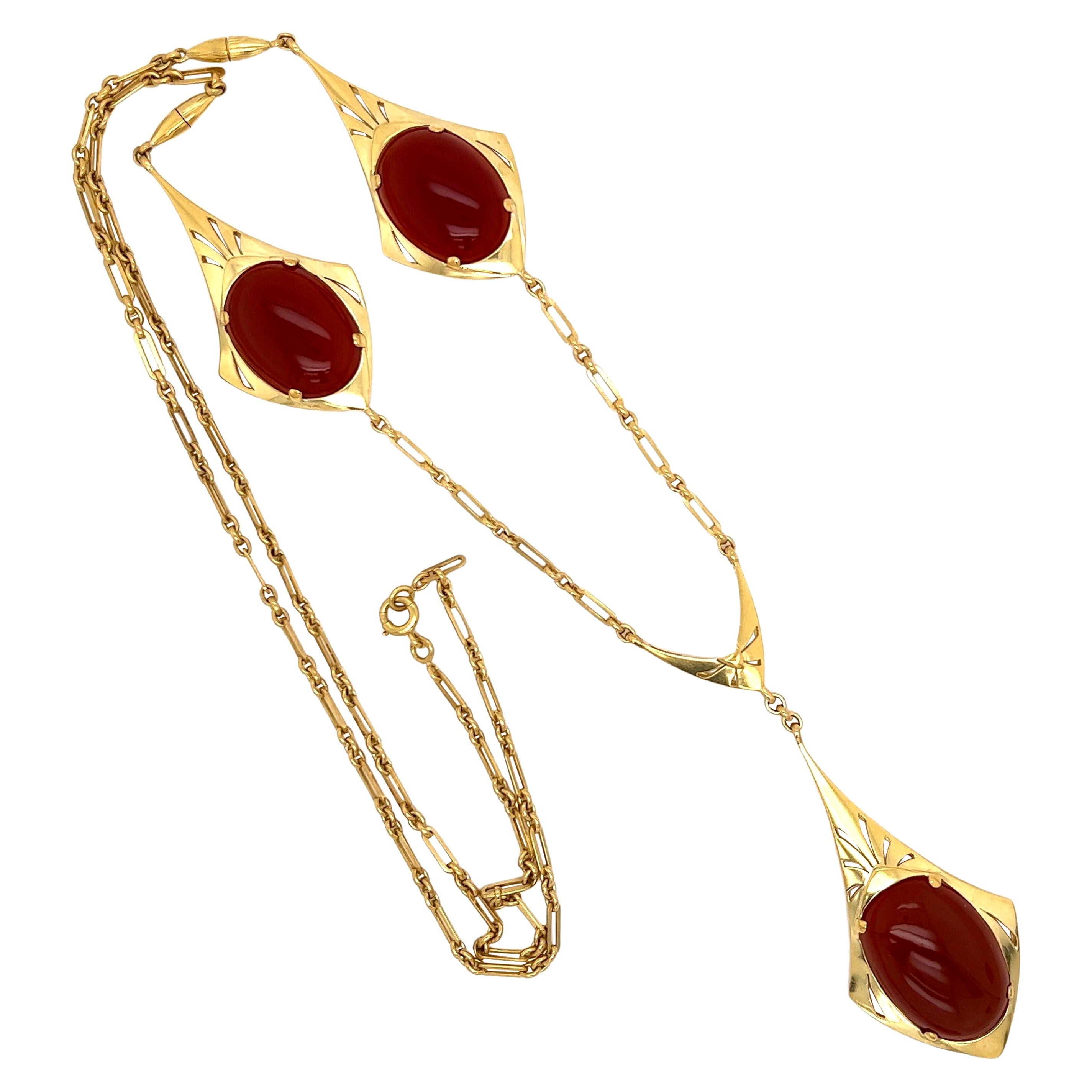 Triple Carnelian Art Deco Gold Drop Lavaliere Necklace For Sale