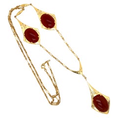 Vintage Triple Carnelian Art Deco Gold Drop Lavaliere Necklace