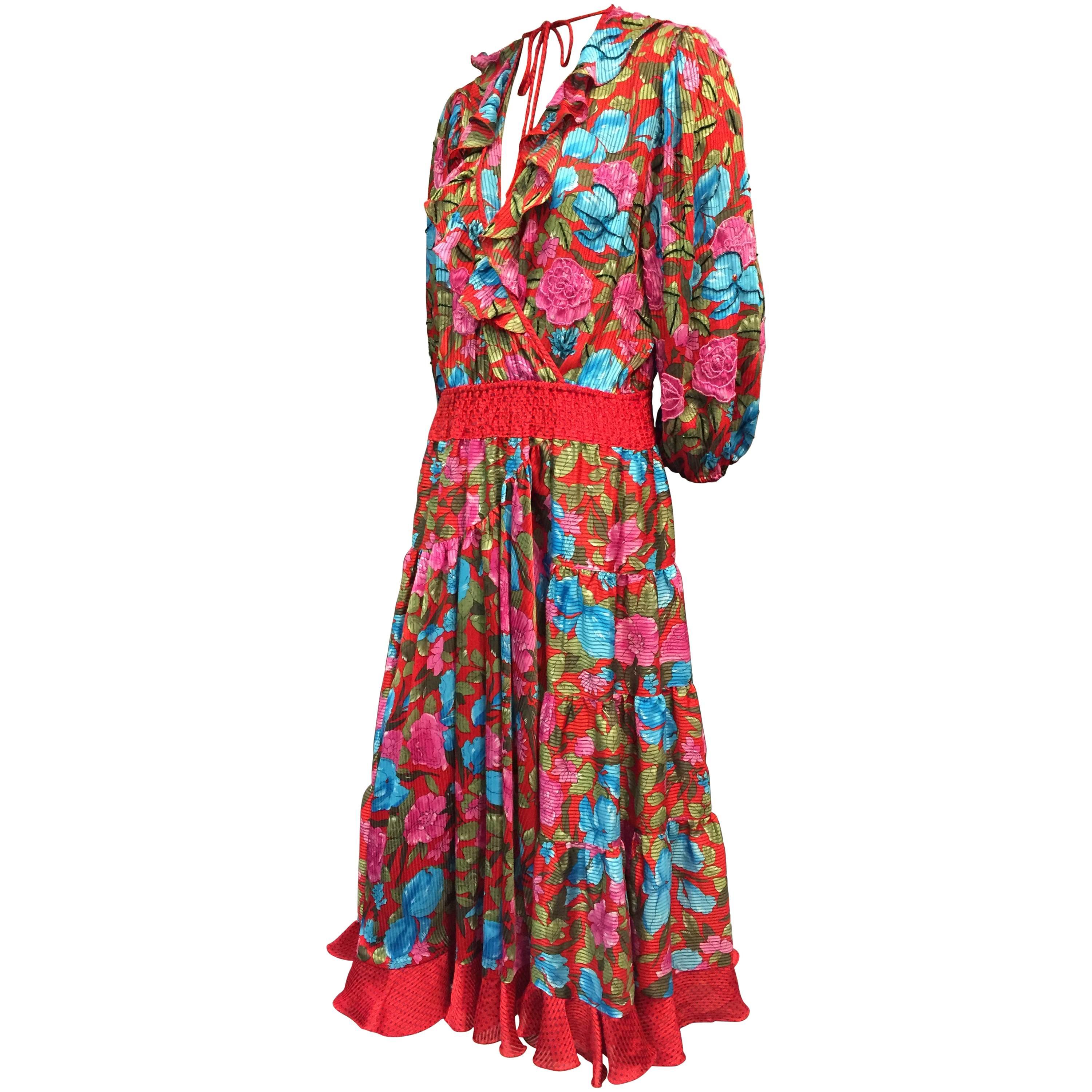 1980s Diane Frès Floral Print Georgette Peasant Gypsy Style Dress