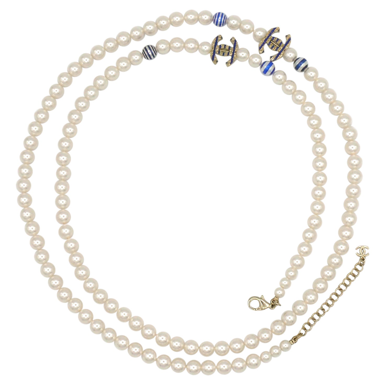 Chanel Faux Pearl Blue Sripes CC logos Necklace, Resort 2019 For Sale at  1stDibs