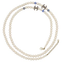 Chanel Faux Pearl Blue Sripes CC logos Necklace, Resort 2019