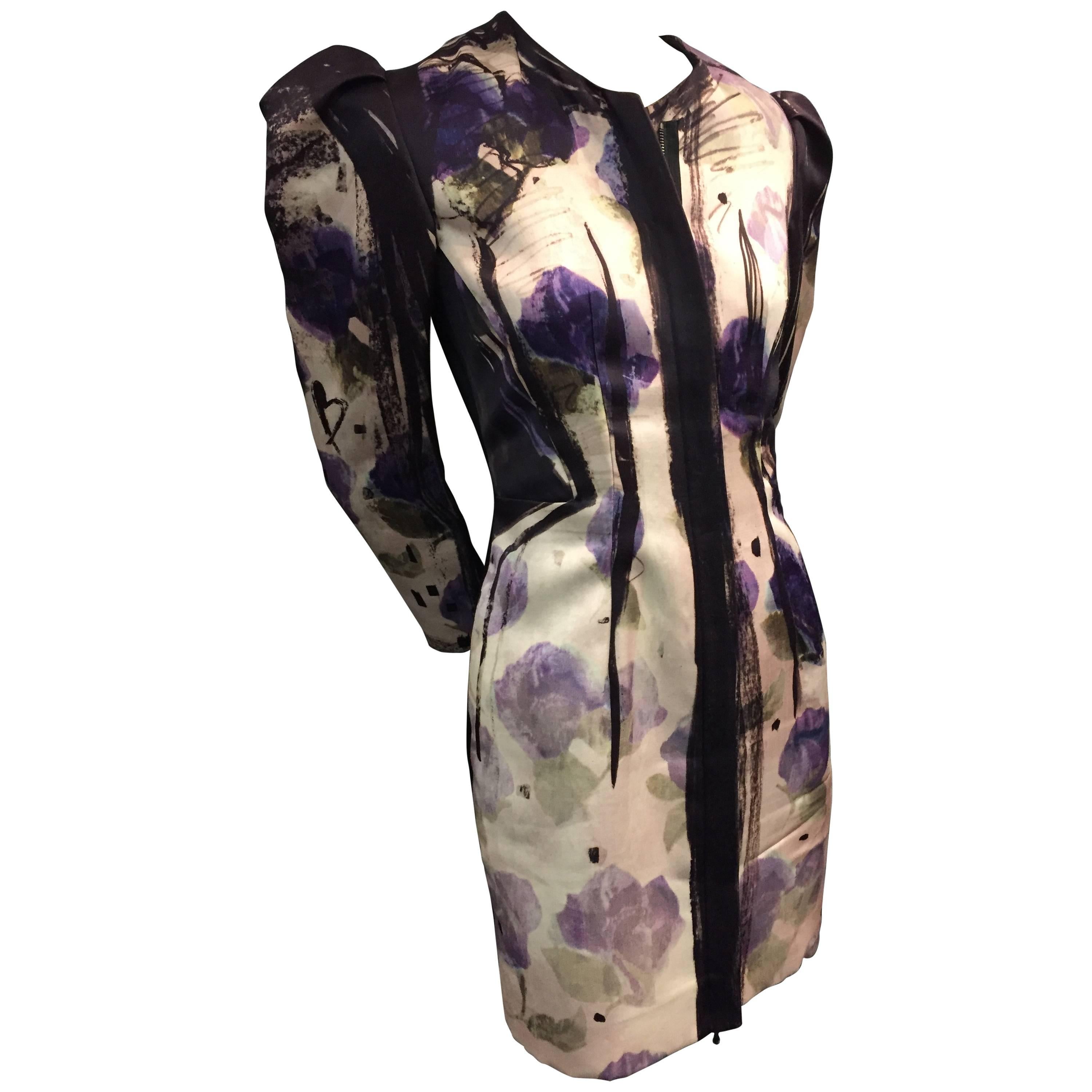 Lanvin Runway Silk Hand-Painted Ombré Floral Dress Jacket w Shoulder Pleats 
