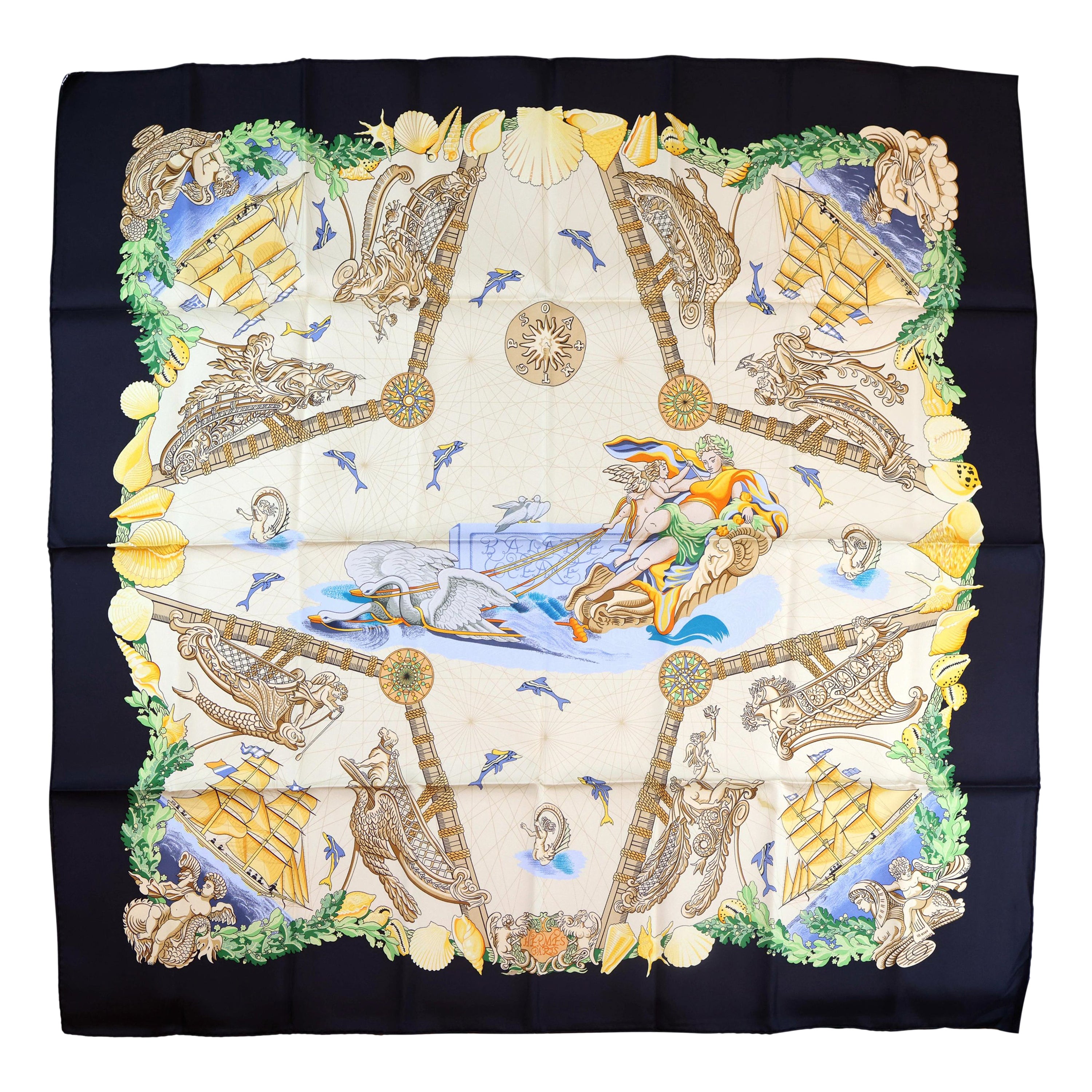 Écharpe de 90 cm en sergé de soie "Balade Oceane" d'Hermès, par Julie Abade, 1999. en vente