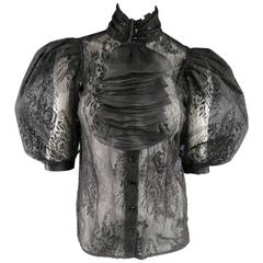 EMANUEL UNGARO Size 8 Black Lace High Collar Ruffle Puff Sleeve Blouse