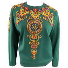 VALENTINO Size L Green Viscose Blend Embroidered Collar Pullover