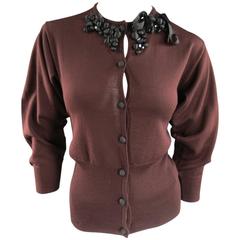 VALENTINO Size 12 Brown Wool Beaded Applique Batwing Cardigan