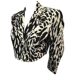 Vintage 1980s David Hayes Black and White Silk Abstract Animal Print Crop Jacket