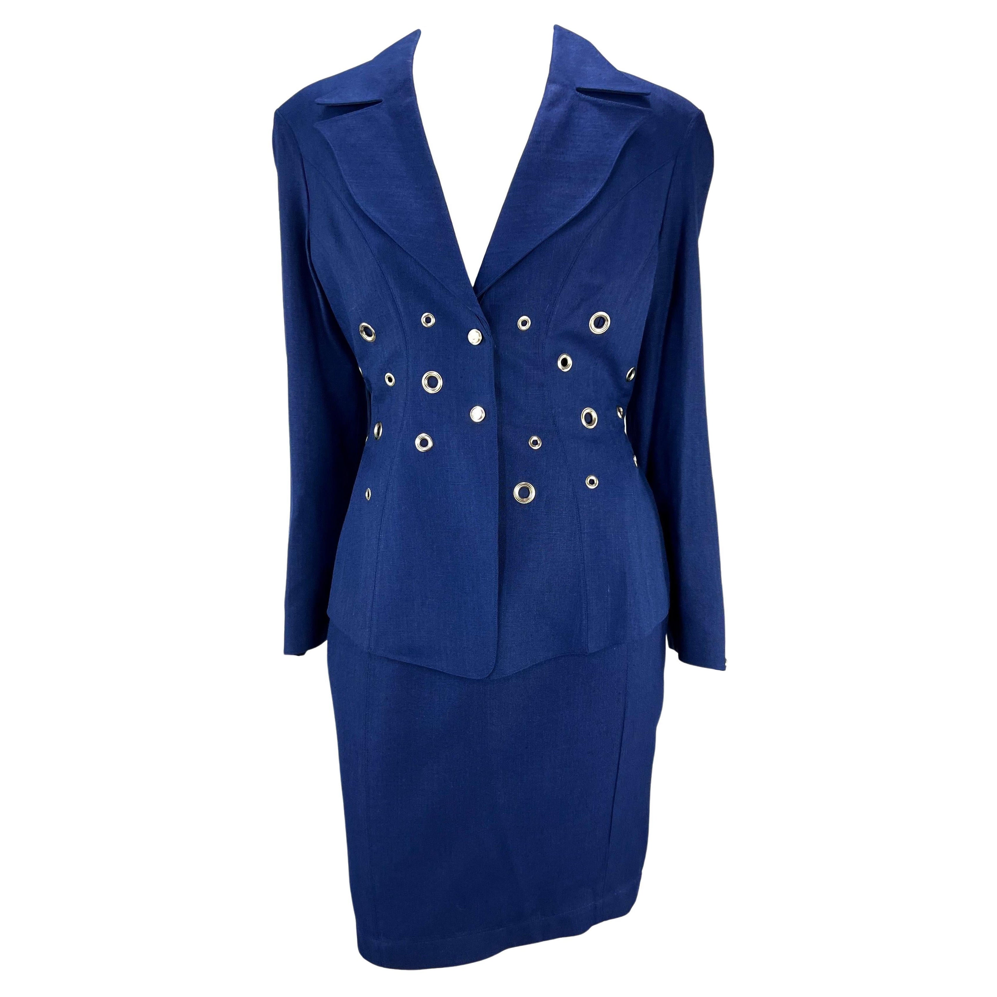 Tailleur jupe à œillets bleu marine Thierry Mugler, 1993