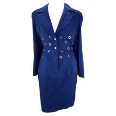 Traje Crucero 1993 Thierry Mugler Falda Recortada Ojal Azul Marino