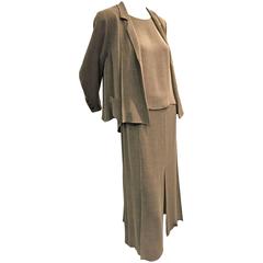 Vintage Chanel Loden Green Summer 3-Piece Skirt Suit w/ High Slits