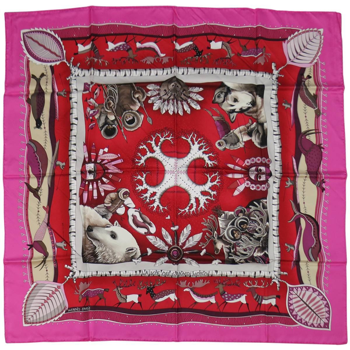 HERMES Red & Pink La Vie du Grand Nord The Nordic Life Silk Scarf