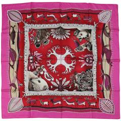 Vintage HERMES Red & Pink La Vie du Grand Nord The Nordic Life Silk Scarf