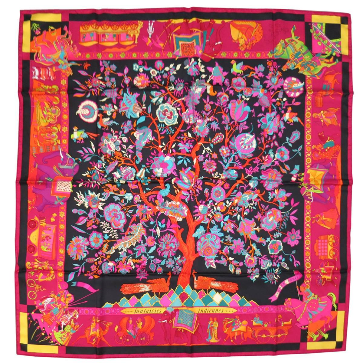 HERMES Black Orange Pink & Teal Loic Dubigeon Silk Scarf