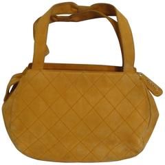Vintage CHANEL yellow orange genuine suede leather stitch design round tote bag 