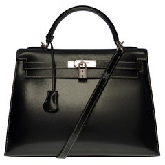 Seltener Hermès Kelly 32 sellier Handtaschenriemen aus schwarzem Epsom-Leder, SHW