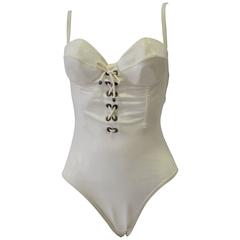 Iconic Gianni Versace Istante Shimmery Ivory Lace-Up Bustier Swimsuit