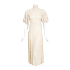 Vintage 1969 Biba Documented Cream Sheer Lace High-Neck Flutter Sleeve Tea Dress