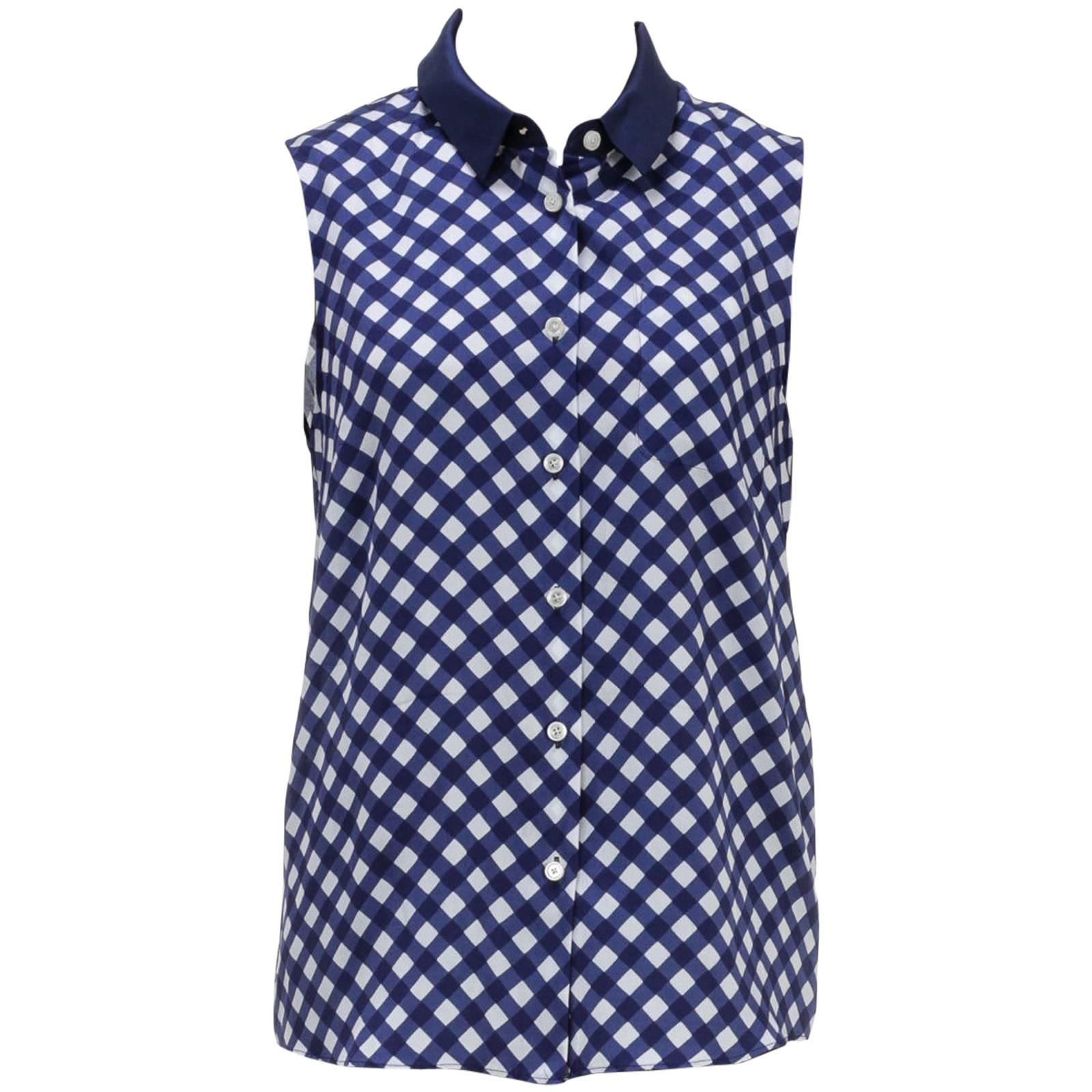 Kate Spade Blue and White Sleeveless Gingham Button Top (Size 8) For Sale