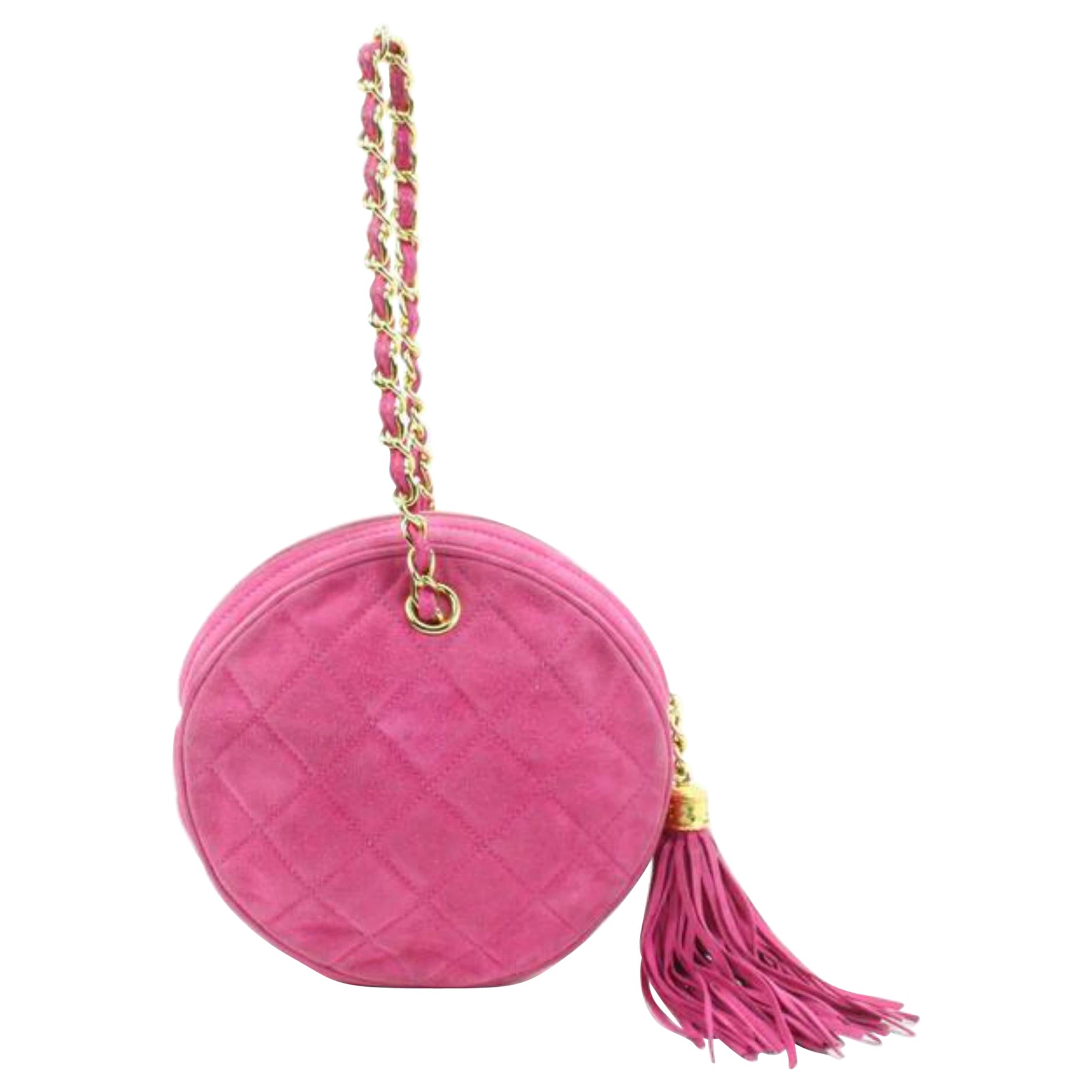 Chanel Hot Pink Quilted Suede Fringe Tassel Round Clutch on Chain88cz425s For Sale