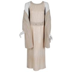 1991 Chanel Beige & Ivory Sequin Textured Wool Sleeveless Dress Gown & Shawl