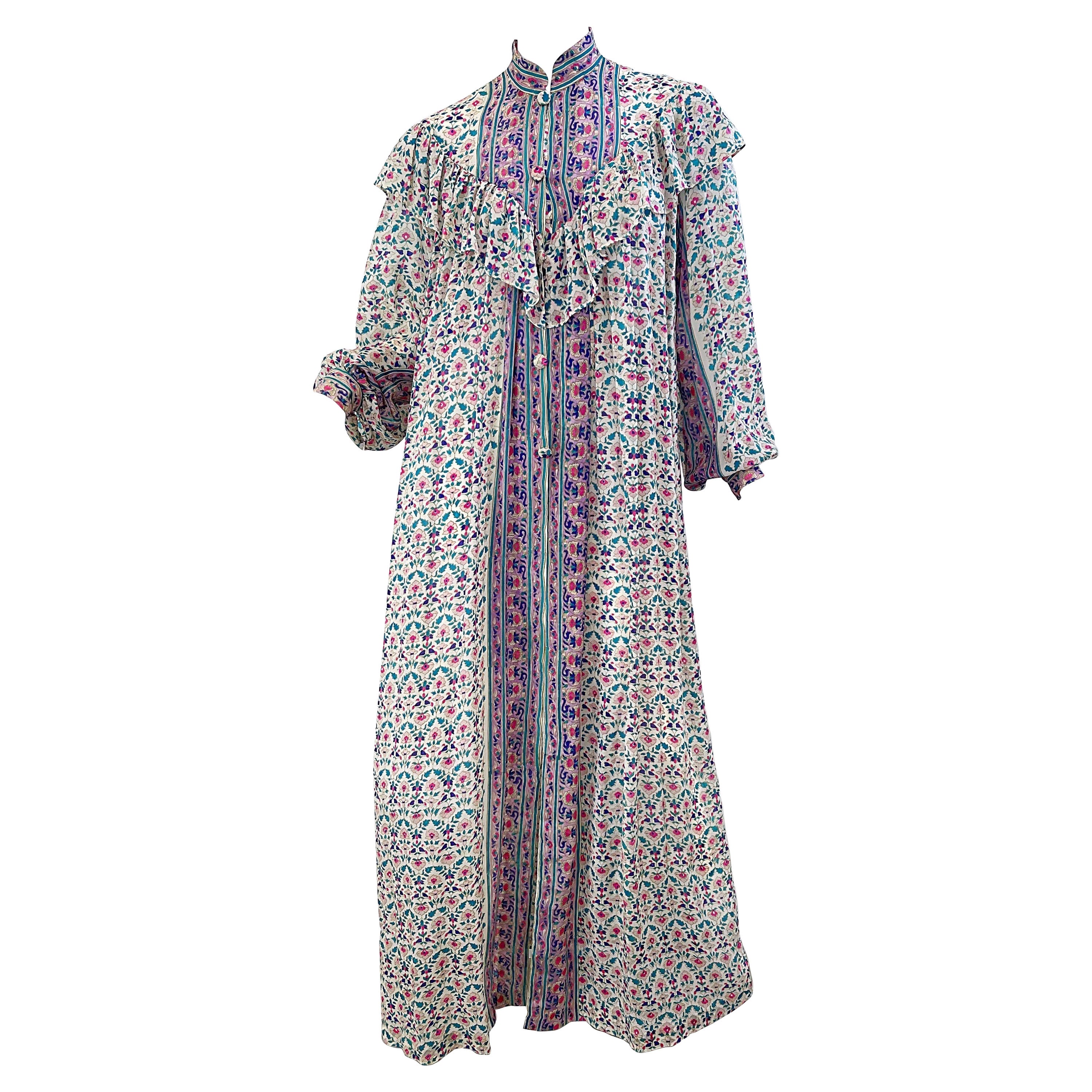 NWT 1970s Raksha of Hindimp London Silk Chiffon Indian Boho Maxi Dress Duster  For Sale