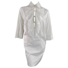 CHANEL Size 10 White Cotton Equestrian Collar Shirt Dress