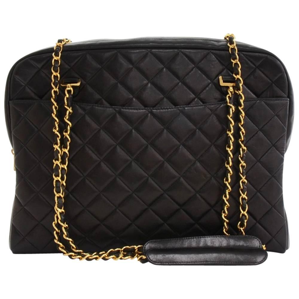 Chanel Vintage Quilted Black Lambskin Leather Gold Chain Large Shoulder Bag