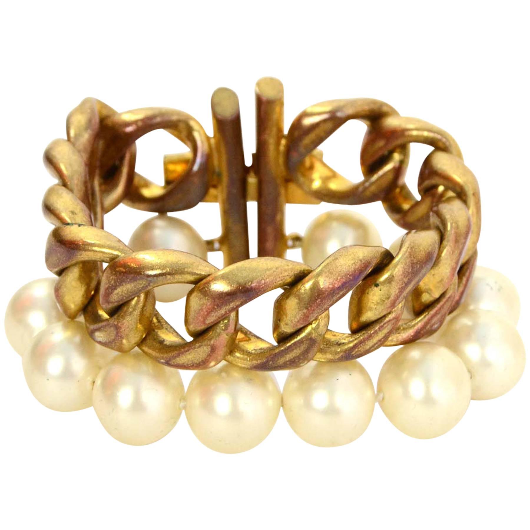Chanel Vintage '80s Pearl & Bronze Chain Link Bracelet