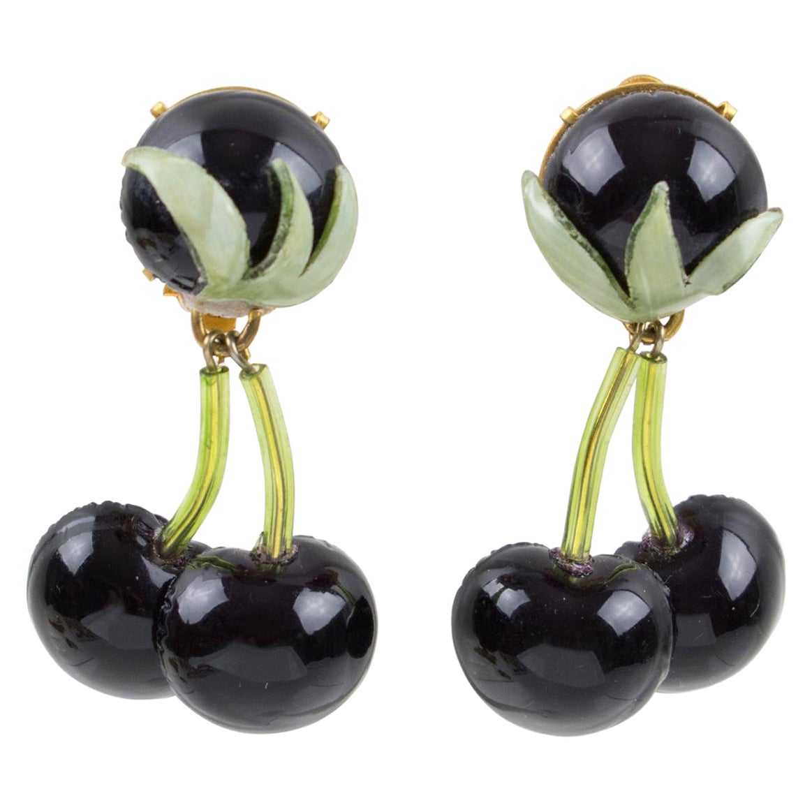 Francoise Montague Paris Clip Earrings Black Resin Cherries