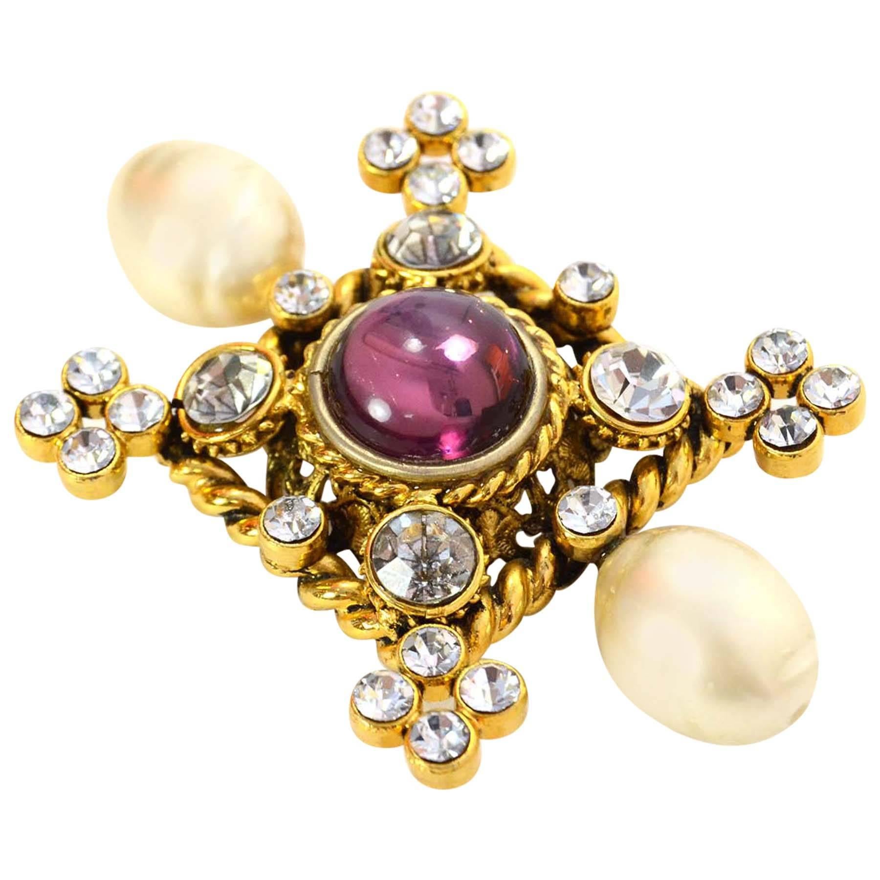 Chanel Crystal & Pearl  Gold Brooch