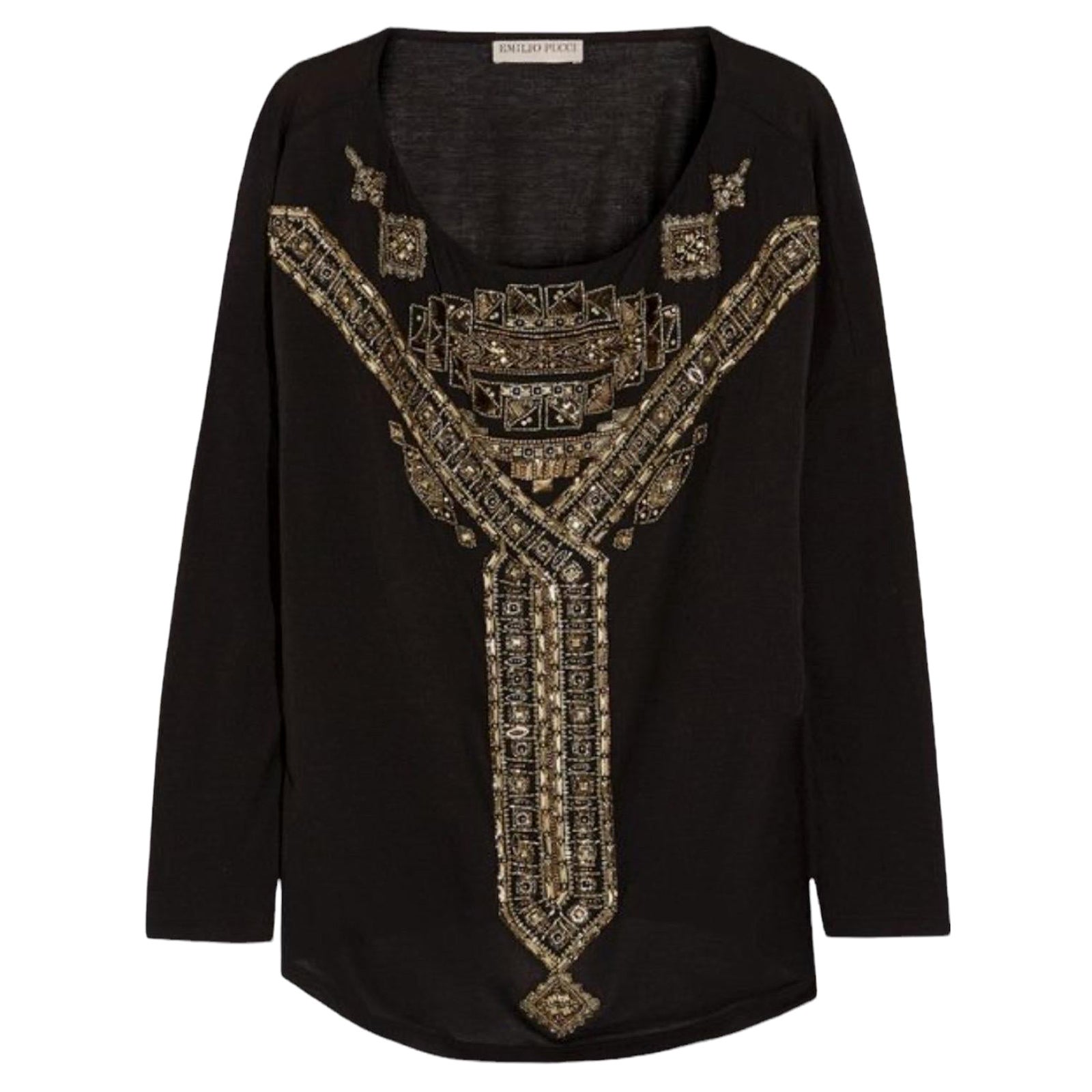 EMILIO PUCCI Black Embroidered Silk Blend Longsleeve Top Shirt 42 For Sale