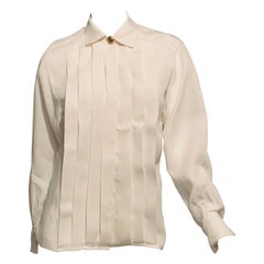Chanel White Linen Pleated Tuxedo Style Blouse Double C Button and Cufflinks