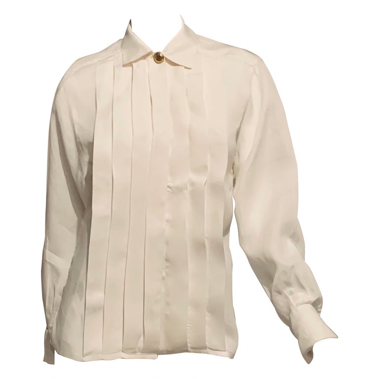 Chanel White Linen Pleated Tuxedo Style Blouse Double C Button and  Cufflinks at 1stDibs