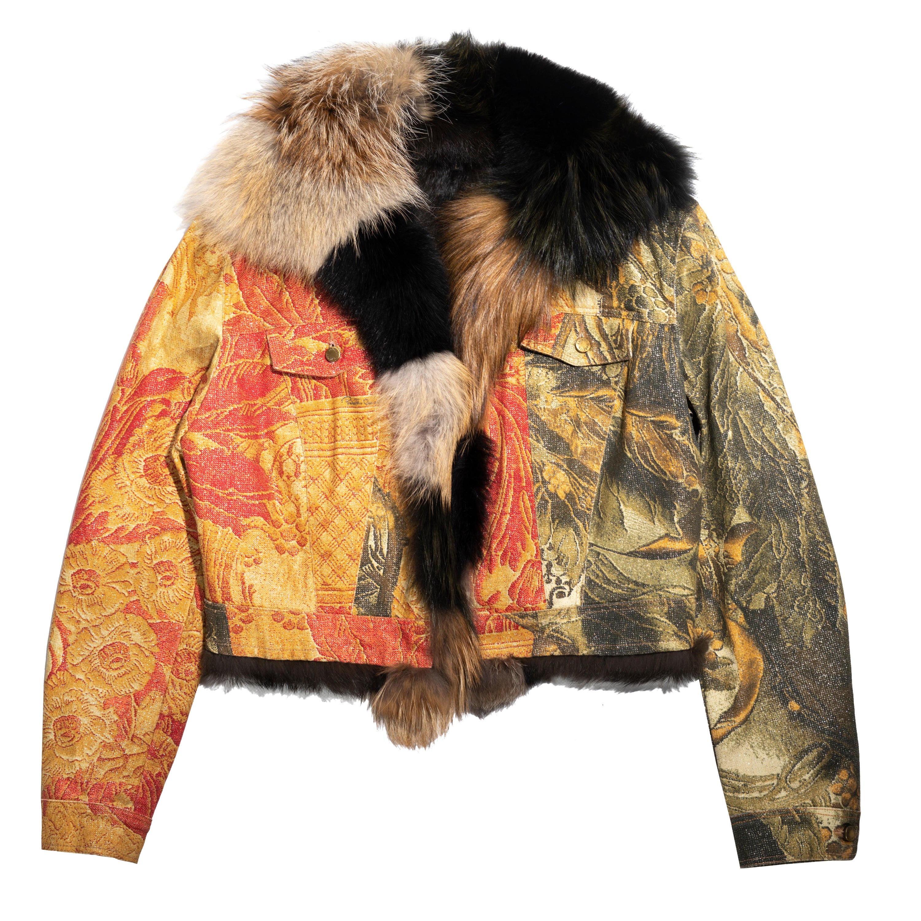 Roberto Cavalli printed denim jacket with fur, fw 2001